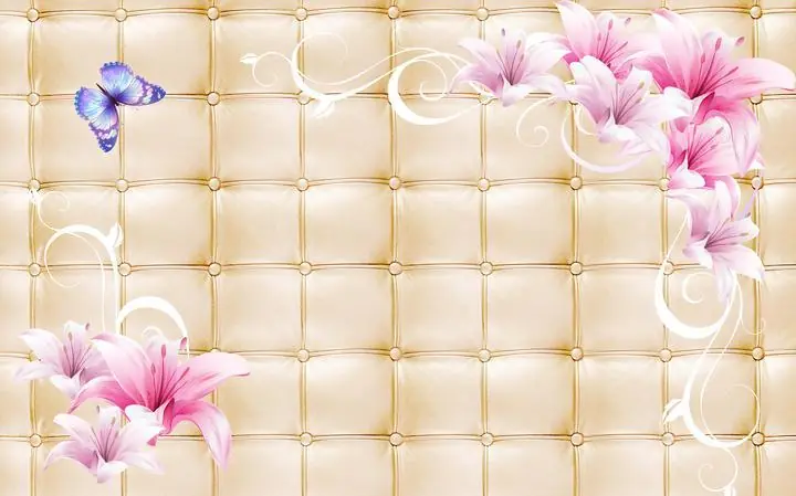 Beige Leather Tufted Sofa Purple Butterfly, Wallpaper, Old 3D
