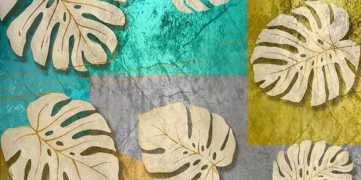 Beige Monstera Leaves, Wall Art, Old Gold, Gold Landscape