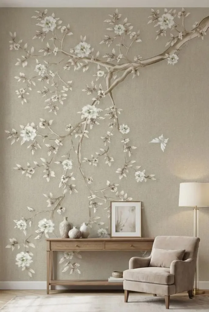 Beige Tree With White Flowers