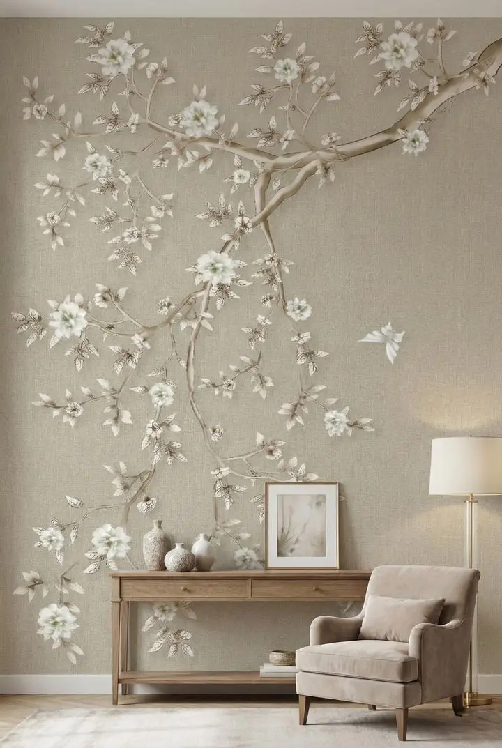 Beige Tree With White Flowers, Wallpaper, Chinoiserie