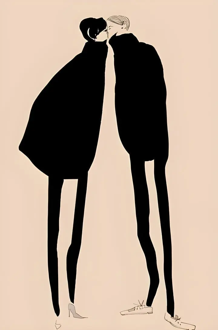 Black And Beige People Kissing, Wall Art, Modern, Modern Monochrome