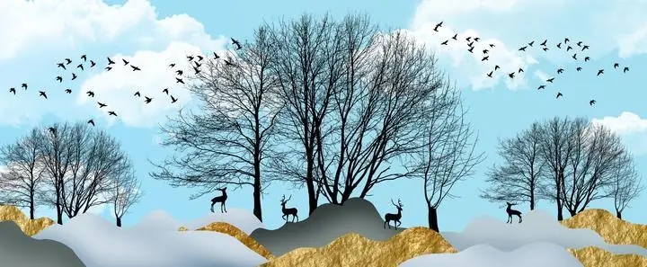 Black Birds Trees Deer Blue Sky, Wall Art, Old Gold, Gold Landscape