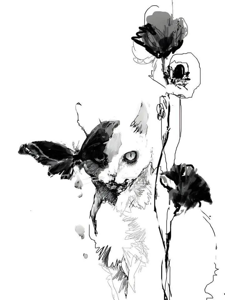 Black Cat Butterfly Flowers, Wall Art, Modern, Modern Monochrome