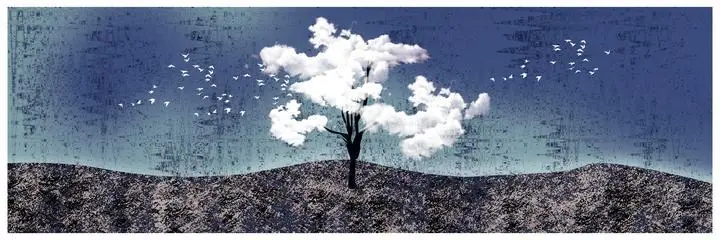 Black Tree White Clouds Birds Blue, Wall Art, Old Gold, Gold Landscape