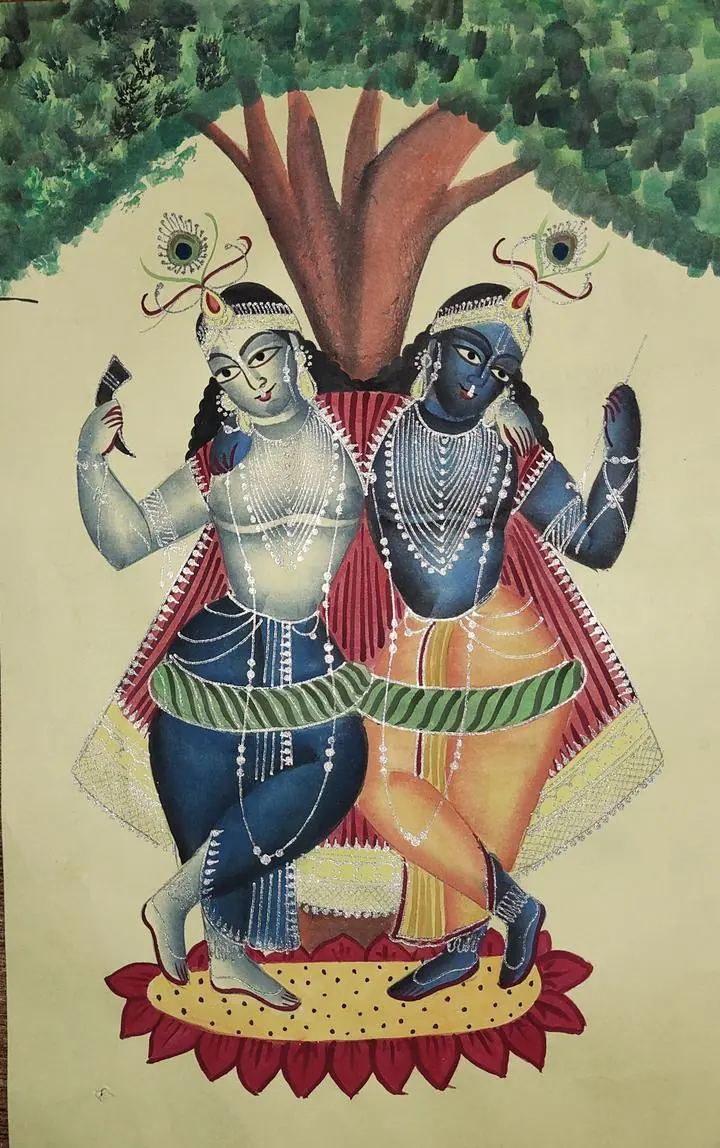 Blue And White Figures Dancing, Indian Art, Kalighat