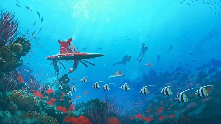 Blue Fish School Red Submarine Black