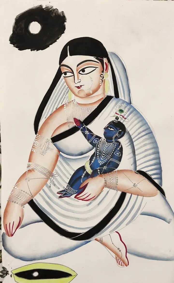 Blue Krishna On Lap, Indian Art, Kalighat