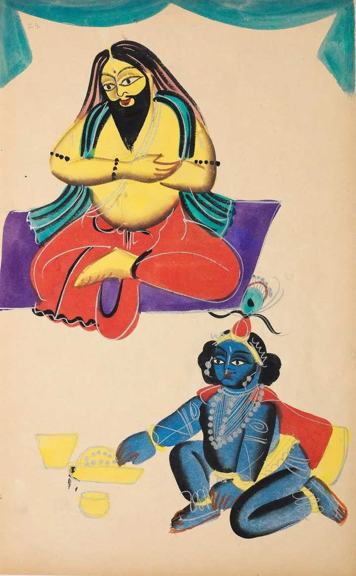 Blue Krishna Yellow Man Sitting, Indian Art, Kalighat