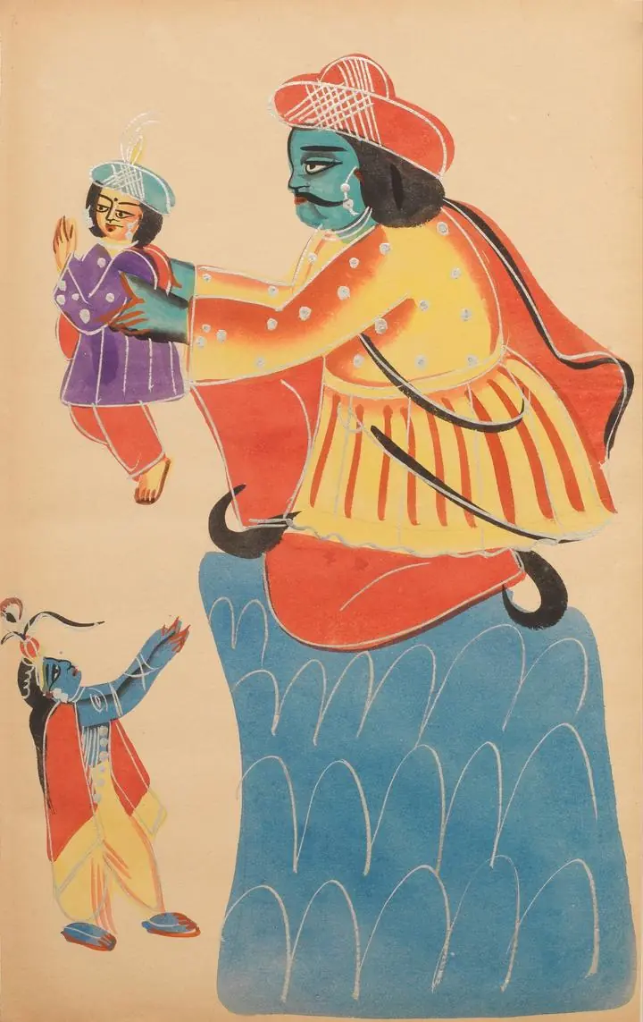 Blue Man Red Cape, Indian Art, Kalighat