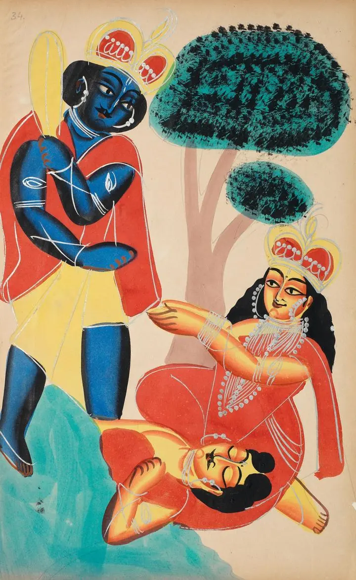 Blue Man Red Woman Tree, Indian Art, Kalighat