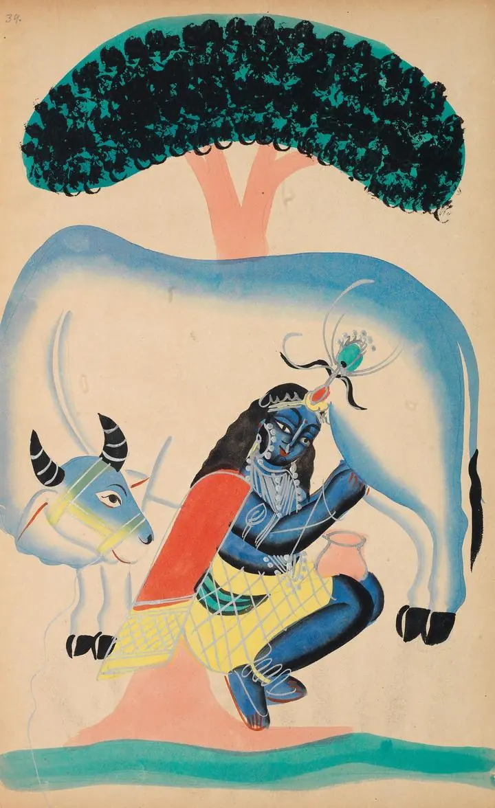 Blue Man Under Tree, Indian Art, Kalighat