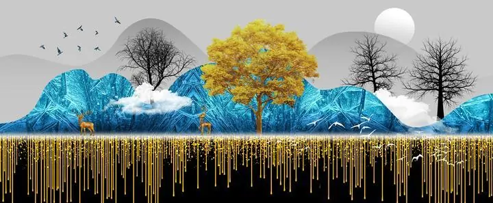 Blue Mountains Yellow Tree, Wall Art, Old Gold, Gold Landscape