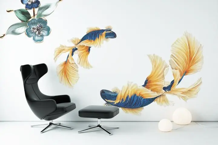 Blue Orange Fish Green Flowers