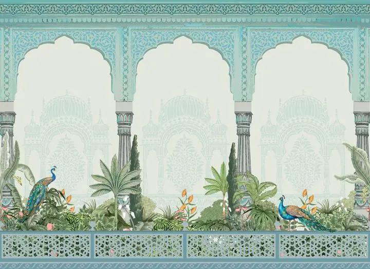 Blue Peacocks Garden Archway, Indian Art, Pichwai, Pichwai Landscape