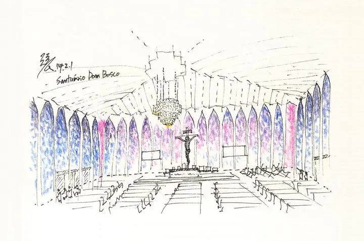 Blue Purple Church Interior, Wall Art, Line Art
