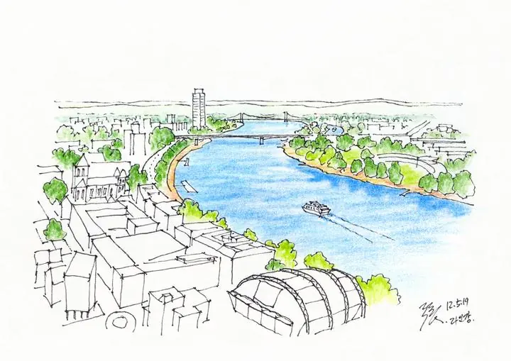 Blue River Cityscape Drawing, Wall Art, Line Art