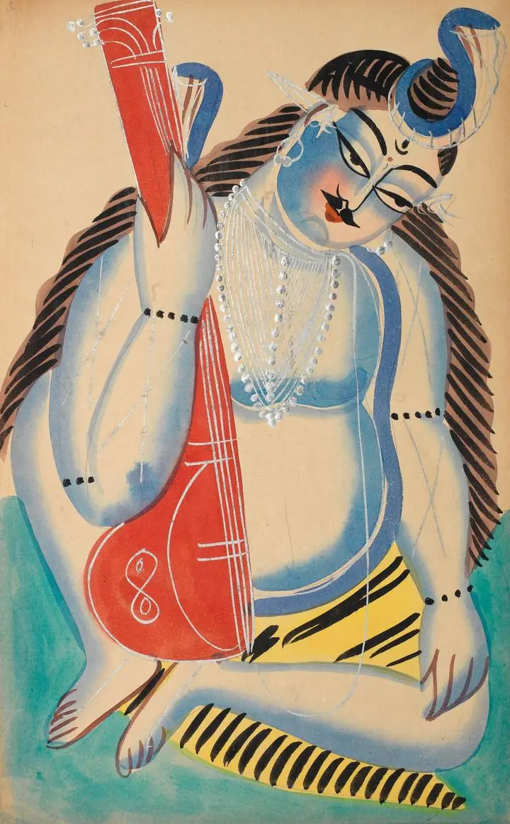 Blue Shiva Playing Guitar, Indian Art, Kalighat
