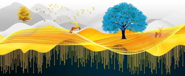 Blue Tree Yellow Deer Brown Birds, Wall Art, Old Gold, Gold Landscape