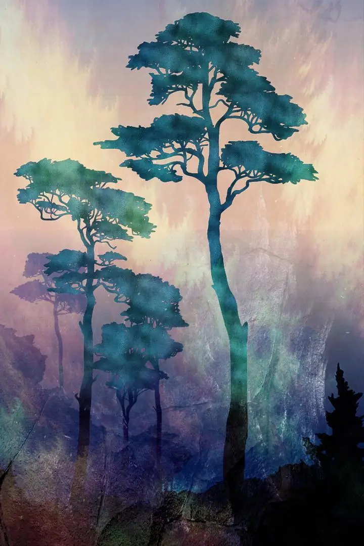 Blue Trees Silhouette, Wall Art, Old Gold, Gold A