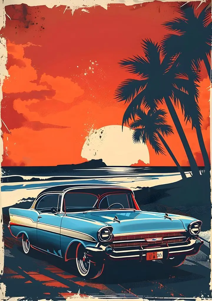 Blue Vintage Car, Aesthetic Art, Pop Art