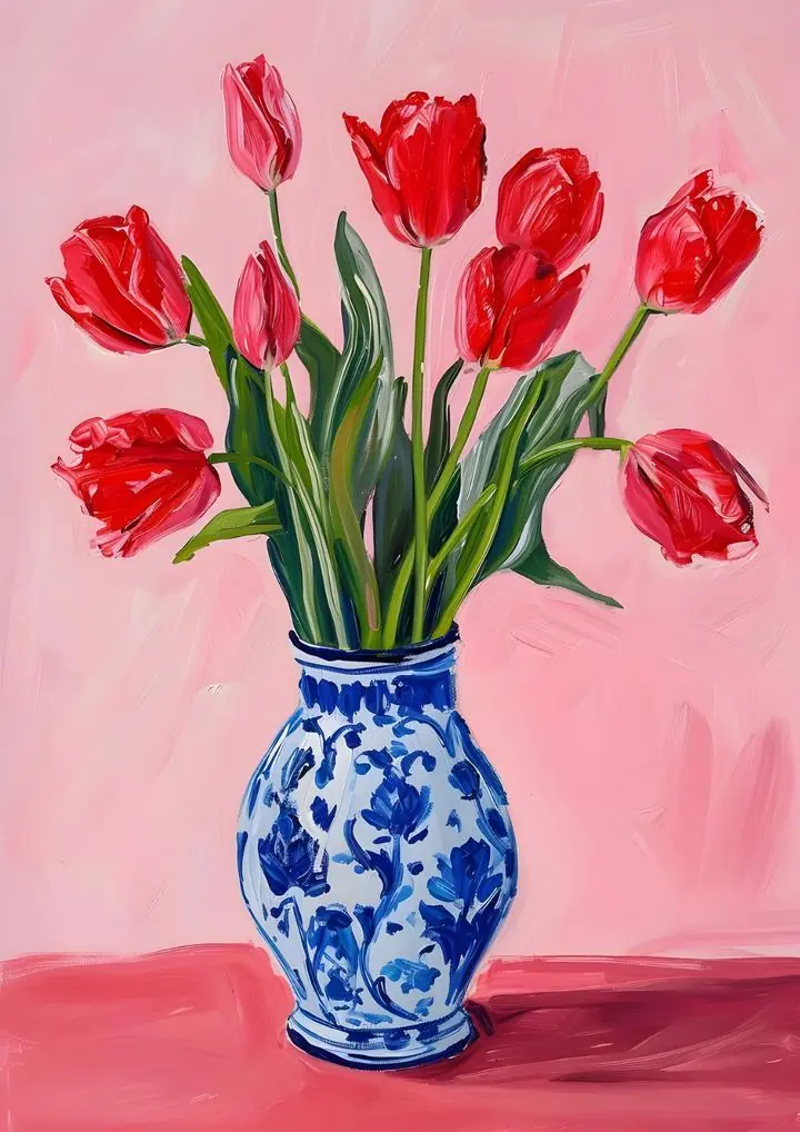 Blue White Vase With Tulips, Aesthetic Art, Pop Art