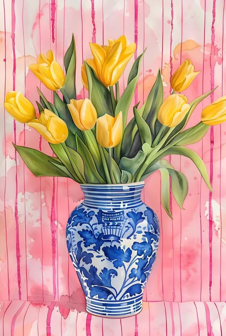 Blue White Vase With Yellow Tulips, Aesthetic Art, Pop Art
