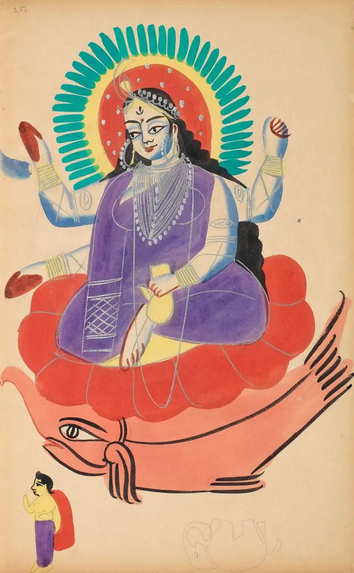 Blue Woman On Fish, Indian Art, Kalighat