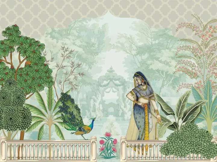 Blue Woman Peacock Illustration, Indian Art, Pichwai, Pichwai Landscape