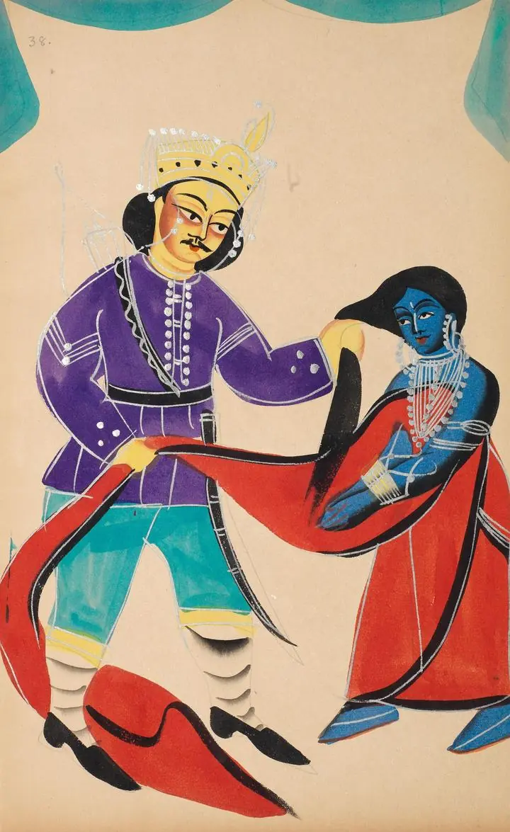 Blue Woman Red Cloth, Indian Art, Kalighat