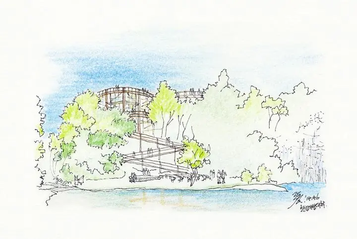 Blue Wooden Bridge Structure, Wall Art, Line Art