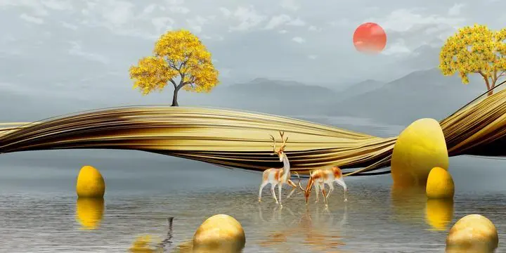 Brown And White Deer 2, Wall Art, Old Gold, Gold Landscape