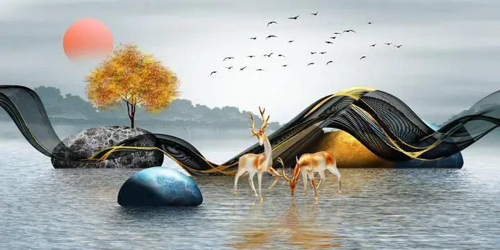 Brown And White Deer, Wall Art, Old Gold, Gold Landscape