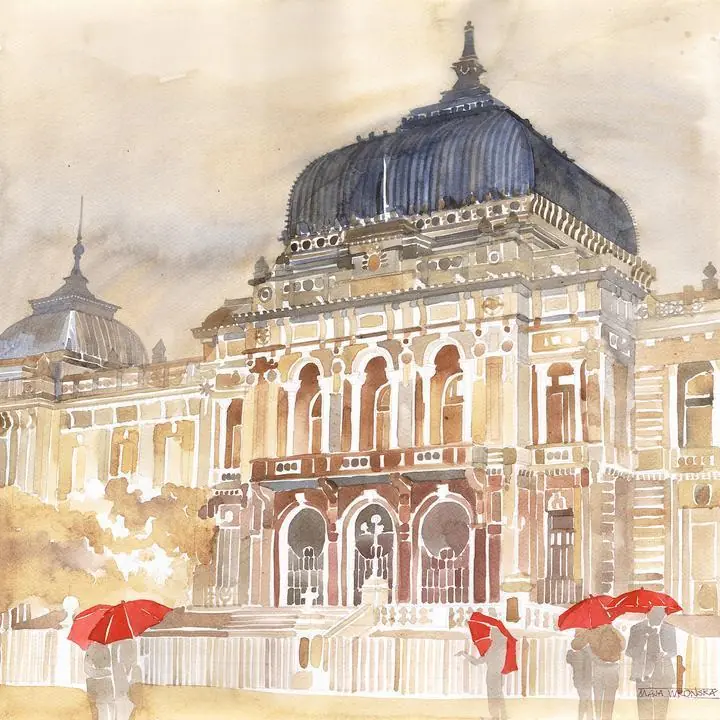 Brown Building Architecture, Wall Art, Water Color Art, Water Color Art A