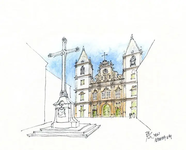 Brown Church Building Cross, Wall Art, Line Art