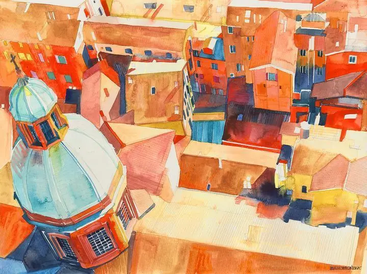 Brown City Buildings Landscape, Wall Art, Water Color Art, Water Color Art A