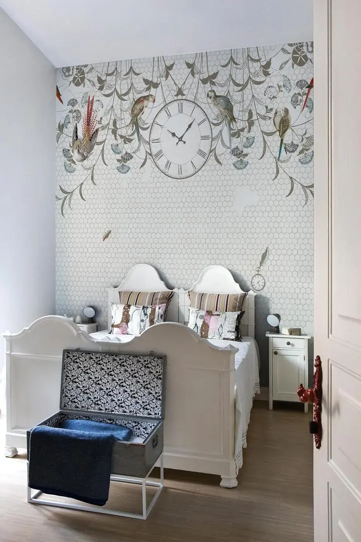 Brown Clock Red Bird Butterfly, Wallpaper, Tropical