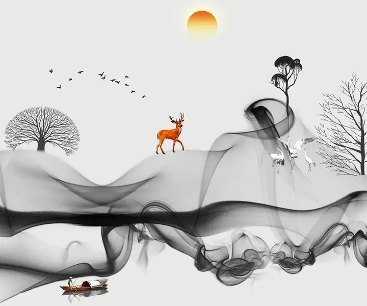 Brown Deer Black Tree White Birds, Wall Art, Decor Wall Art, Decor Wall Art E