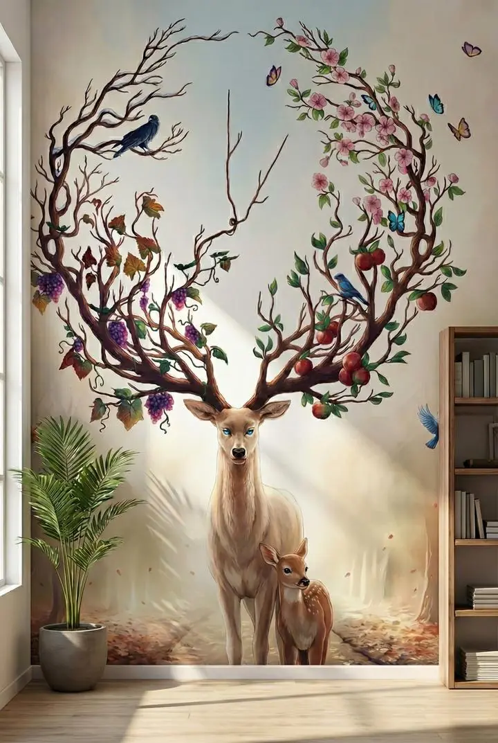 Brown Deer Blue Bird Purple Grapes, Wallpaper, Animal