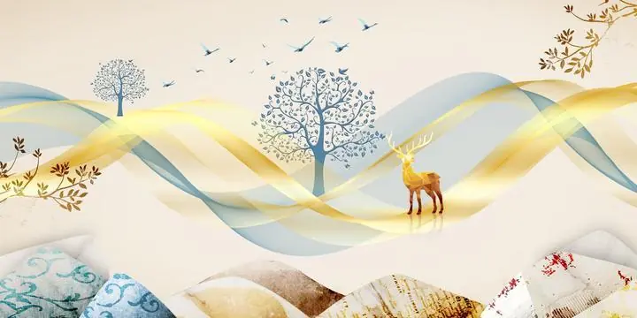 Brown Deer Blue Tree Leaves Birds, Wall Art, Old Gold, Gold Landscape