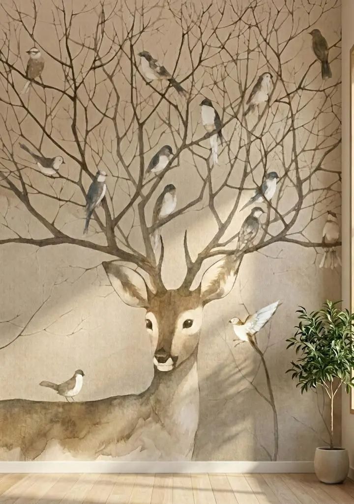 Brown Deer White Birds Branches Tree, Wallpaper, Animal