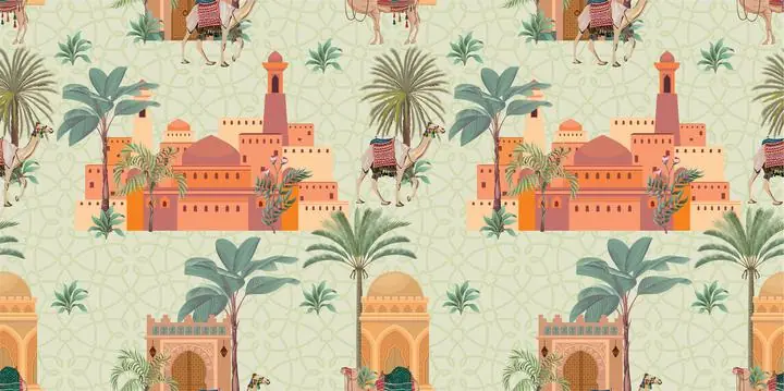 Brown Desert City Buildings, Indian Art, Pichwai, Pichwai Landscape
