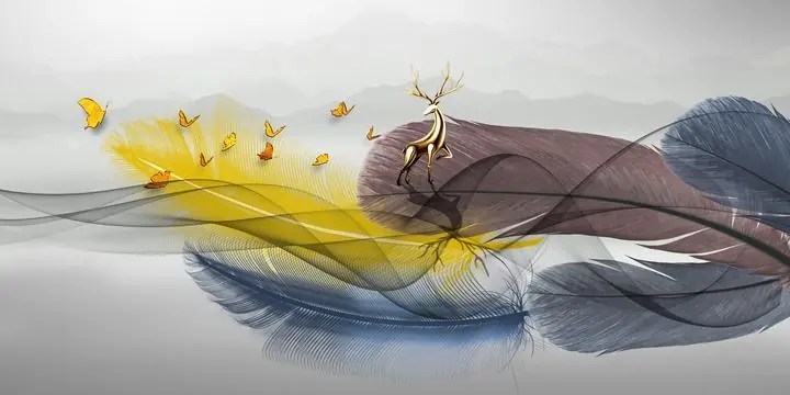 Brown Feather Blue Yellow Butterfly Gold, Wall Art, Old Gold, Gold Landscape
