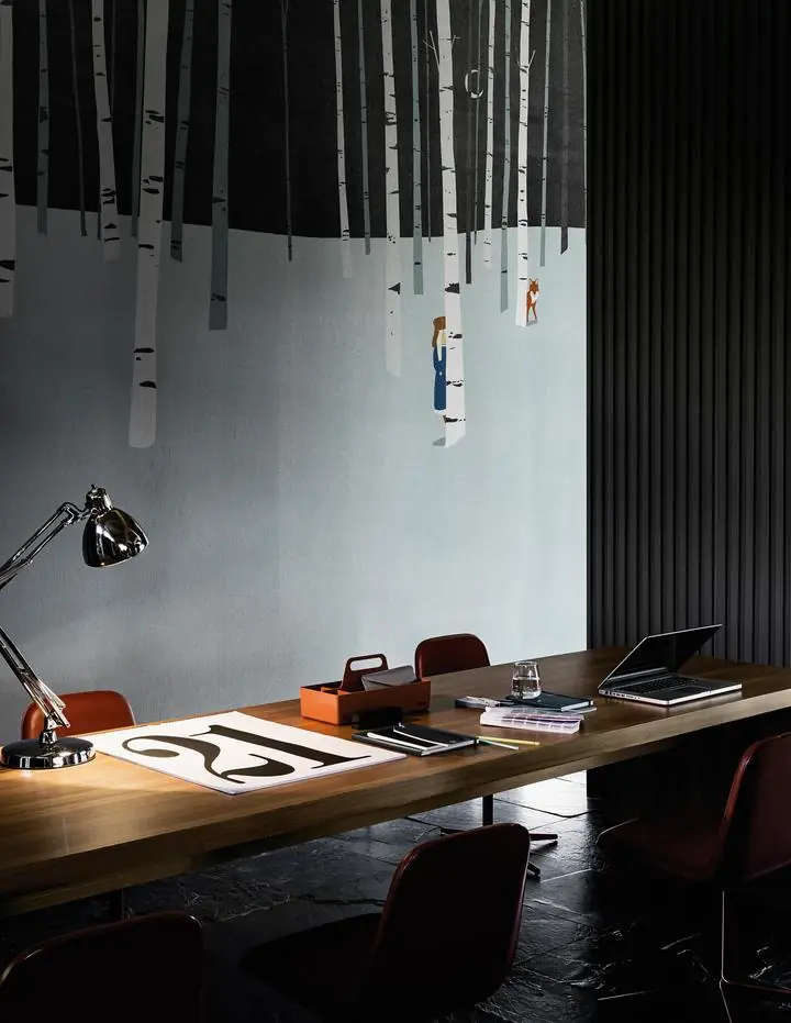 Brown Fox Blue Dress White Trees