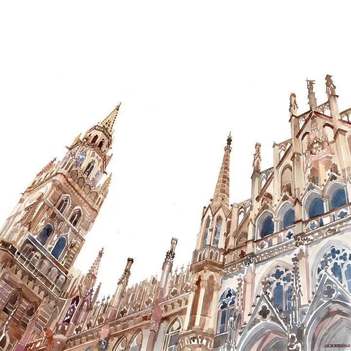 Brown Gothic Building Towers, Wall Art, Water Color Art, Water Color Art A