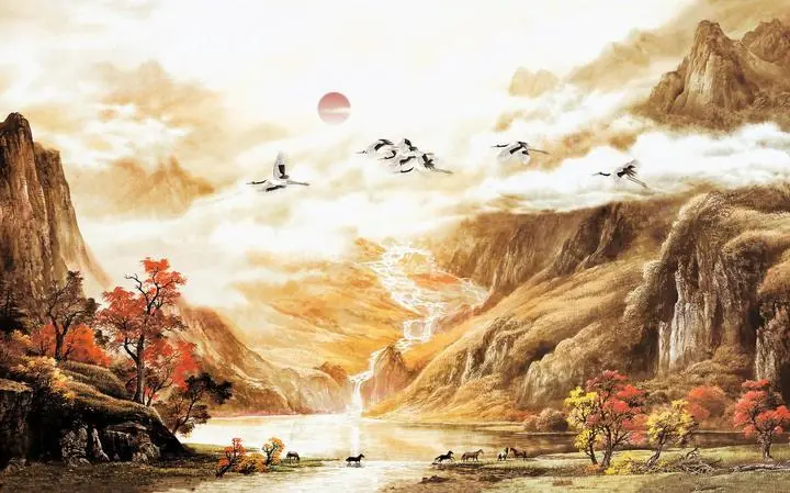 Brown Mountain Red Trees White Clouds