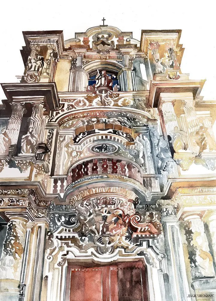 Brown Ornate Building Facade, Wall Art, Water Color Art, Water Color Art A