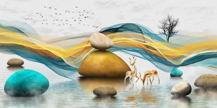 Brown Rock Teal Gray Deer White, Wall Art, Old Gold, Gold Landscape