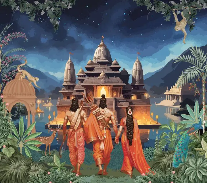 Brown Temple Building Structure, Indian Art, Pichwai, Pichwai Landscape