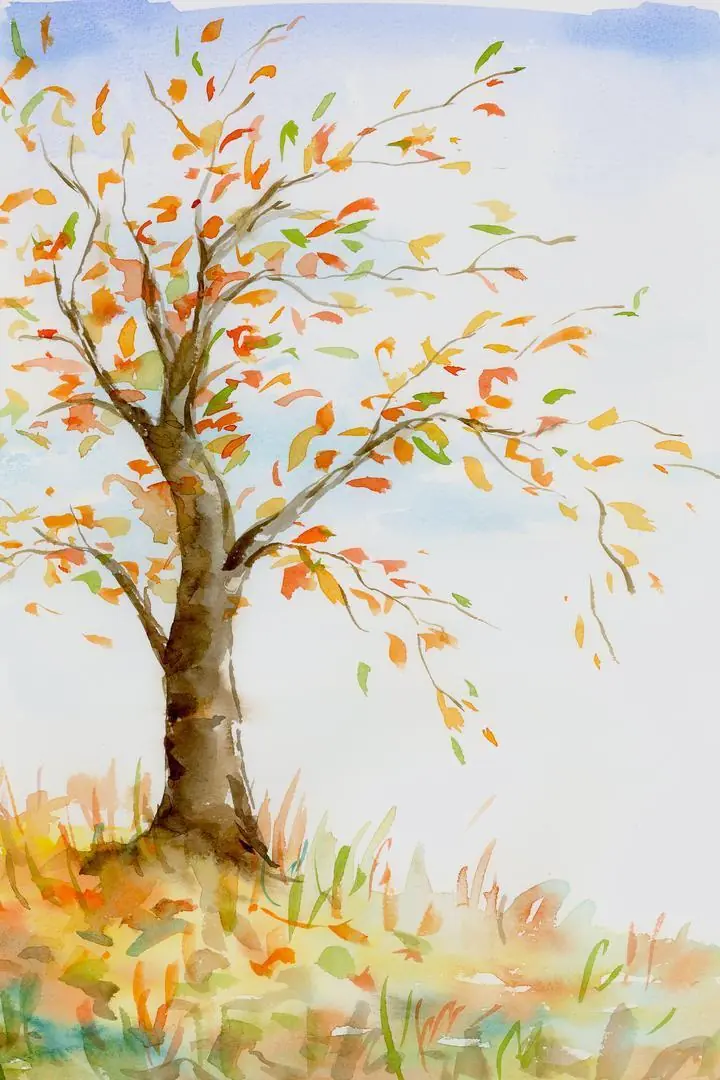 Brown Tree With Orange Leaves, Wall Art, Water Color Art, Water Color Art A
