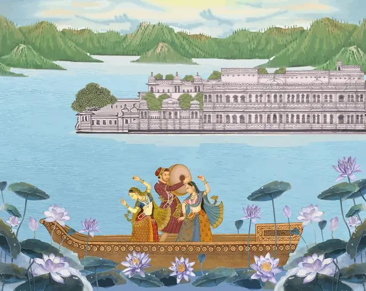 Brown Wooden Boat Purple Flowers, Indian Art, Pichwai, Pichwai Landscape